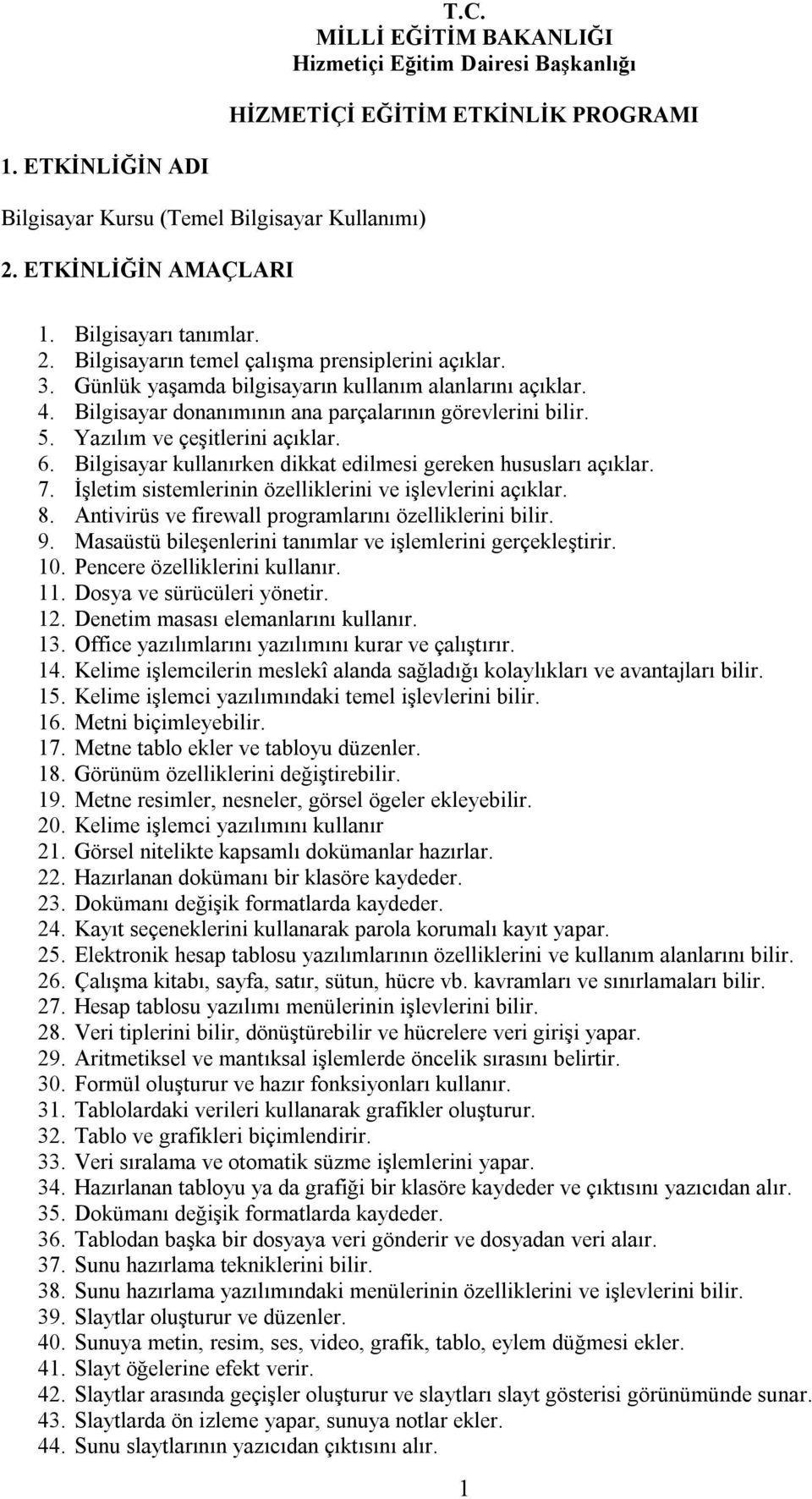 Yazılım ve çeşitlerini açıklar. 6. Bilgisayar kullanırken dikkat edilmesi gereken hususları açıklar. 7. İşletim sistemlerinin özelliklerini ve işlevlerini açıklar. 8.