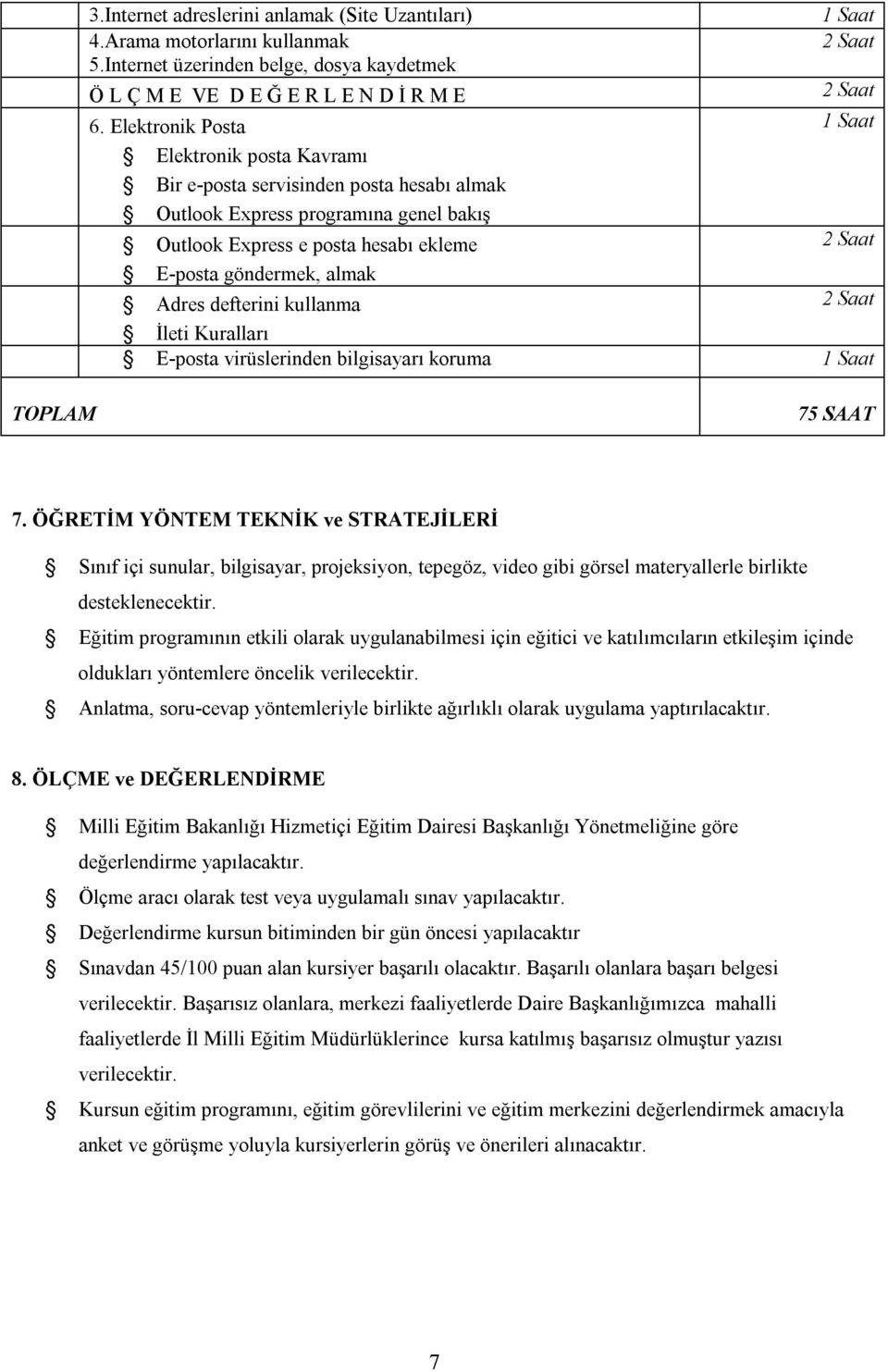 defterini kullanma İleti Kuralları E-posta virüslerinden bilgisayarı koruma TOPLAM 75 SAAT 7.