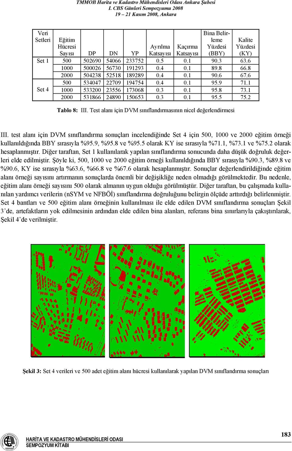 3 0.1 95.5 75.2 Tablo 8: III. Test alanı için DVM sınıflandırmasının nicel değerlendirmesi III.
