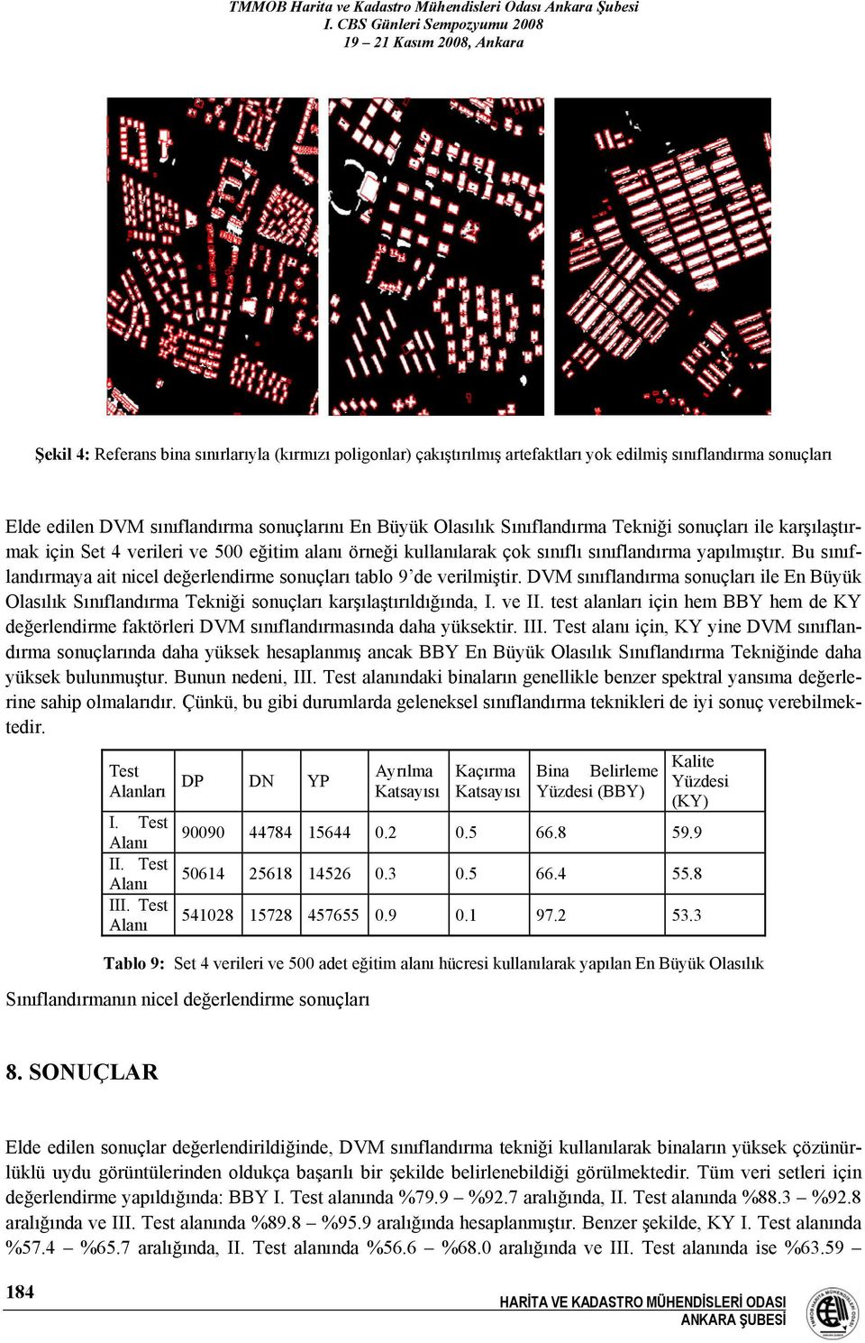 Bu sınıflandırmaya ait nicel değerlendirme sonuçları tablo 9 de verilmiştir. DVM sınıflandırma sonuçları ile En Büyük Olasılık Sınıflandırma Tekniği sonuçları karşılaştırıldığında, I. ve II.
