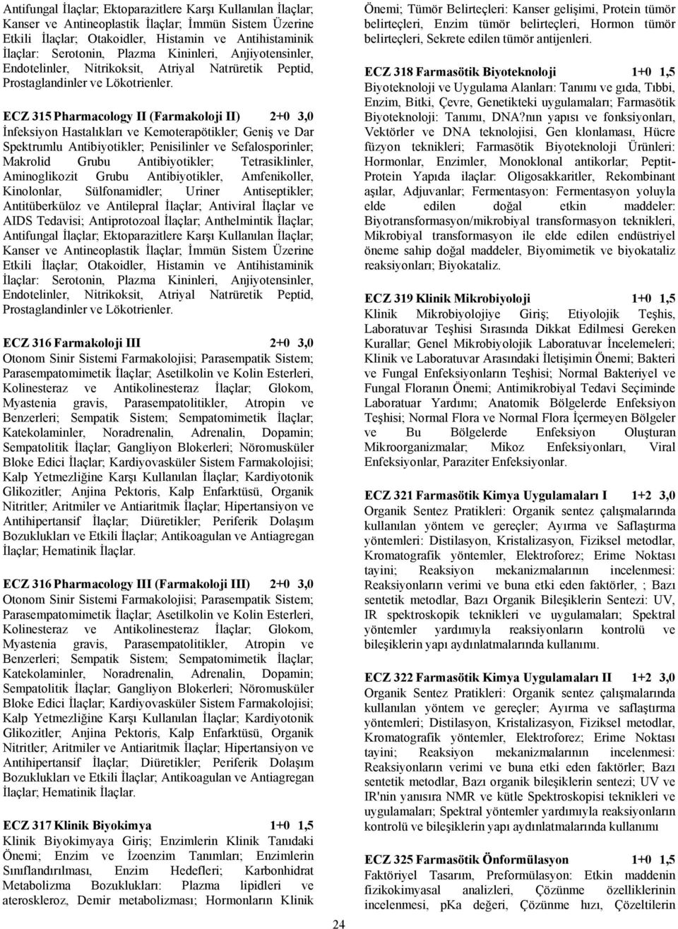 ECZ 315 Pharmacology II (Farmakoloji II) 2+0 3,0 İnfeksiyon Hastalıkları ve Kemoterapötikler; Geniş ve Dar Spektrumlu Antibiyotikler; Penisilinler ve Sefalosporinler; Makrolid Grubu Antibiyotikler;