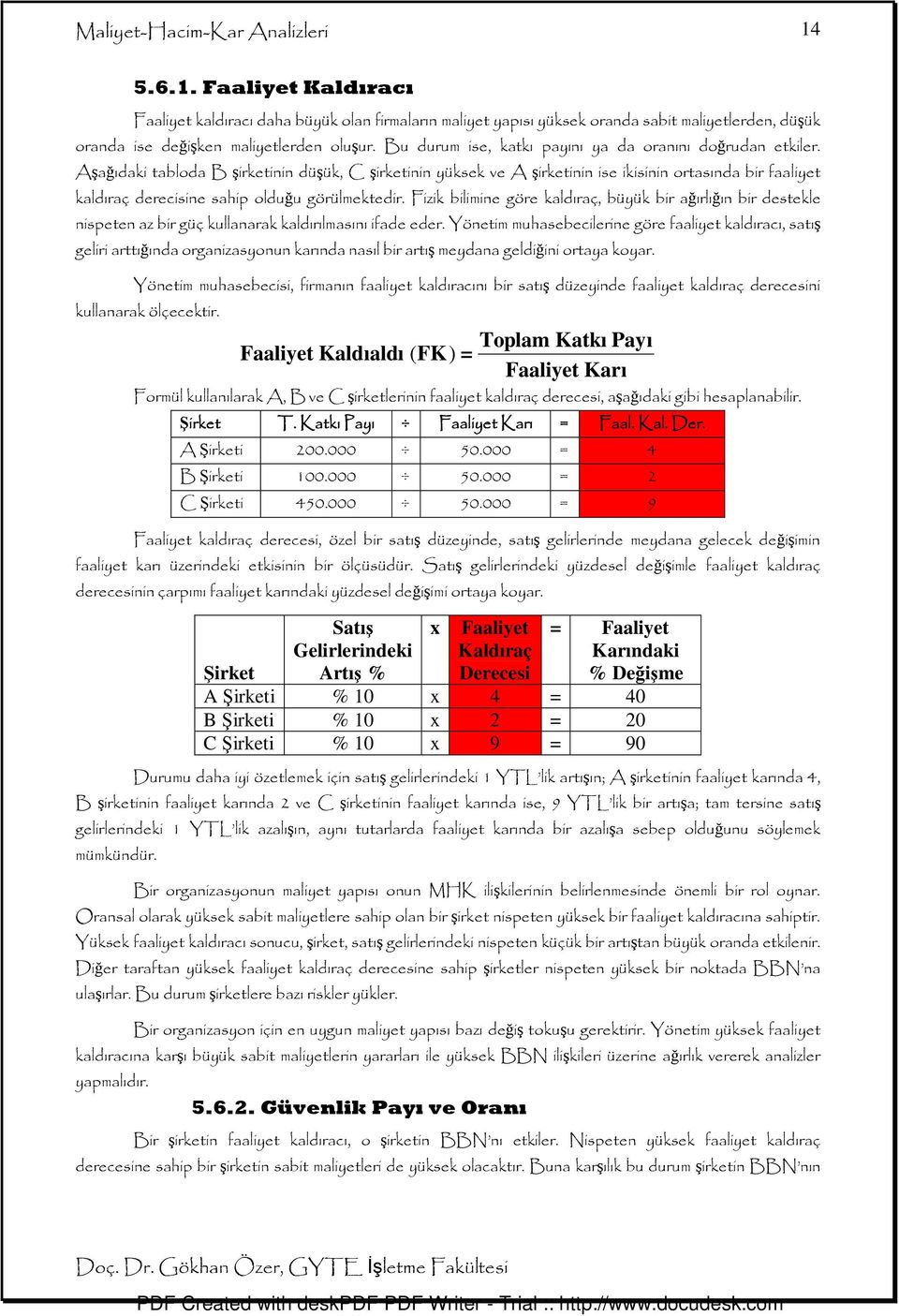 Aşağıdaki tabloda B şirketinin düşük, C şirketinin yüksek ve A şirketinin ise ikisinin ortasında bir faaliyet kaldıraç derecisine sahip olduğu görülmektedir.