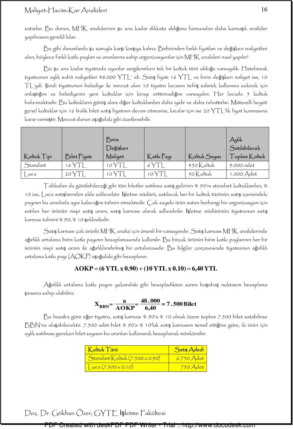 nasıl yapılır? Biz şu ana kadar tiyatroda oyunlar sergilenirken tek bir koltuk türü olduğu varsaydık. Hatırlarsak tiyatronun aylık sabit maliyetleri 48.000 YTL idi.