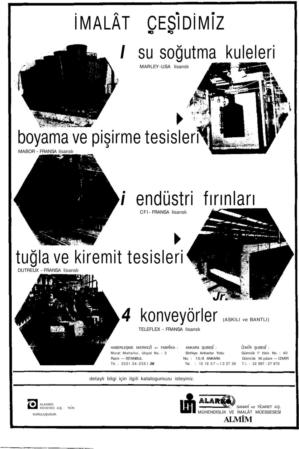 (ASKILI ve BANTLI) HABERLEŞME MERKEZİ v«fabrika : ANKARA ŞUBESİ : İZMİR ŞUBESİ : Murat Mahallui, Uluyol No. : 3 Sıhhiye Anbarlar Yolu Gümrük İ* Hanı No.