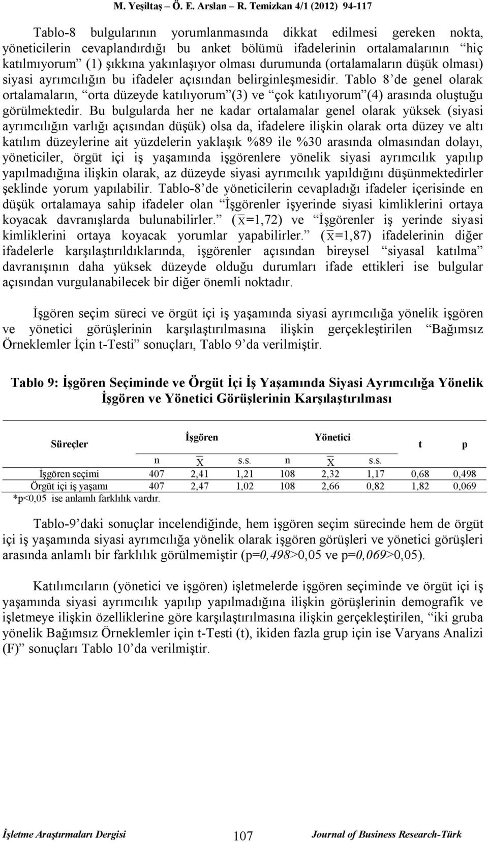 Tablo 8 de genel olarak ortalamaların, orta düzeyde katılıyorum (3) ve çok katılıyorum (4) arasında oluştuğu görülmektedir.