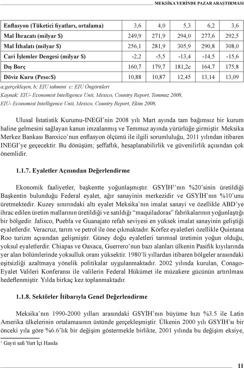 Intelligence Unit, Mexico, Country Report, Temmuz 2008, EIU- Economist Intelligence Unit, Mexico, Country Report, Ekim 2008, Ulusal İstatistik Kurumu-INEGI nin 2008 yılı Mart ayında tam bağımsız bir