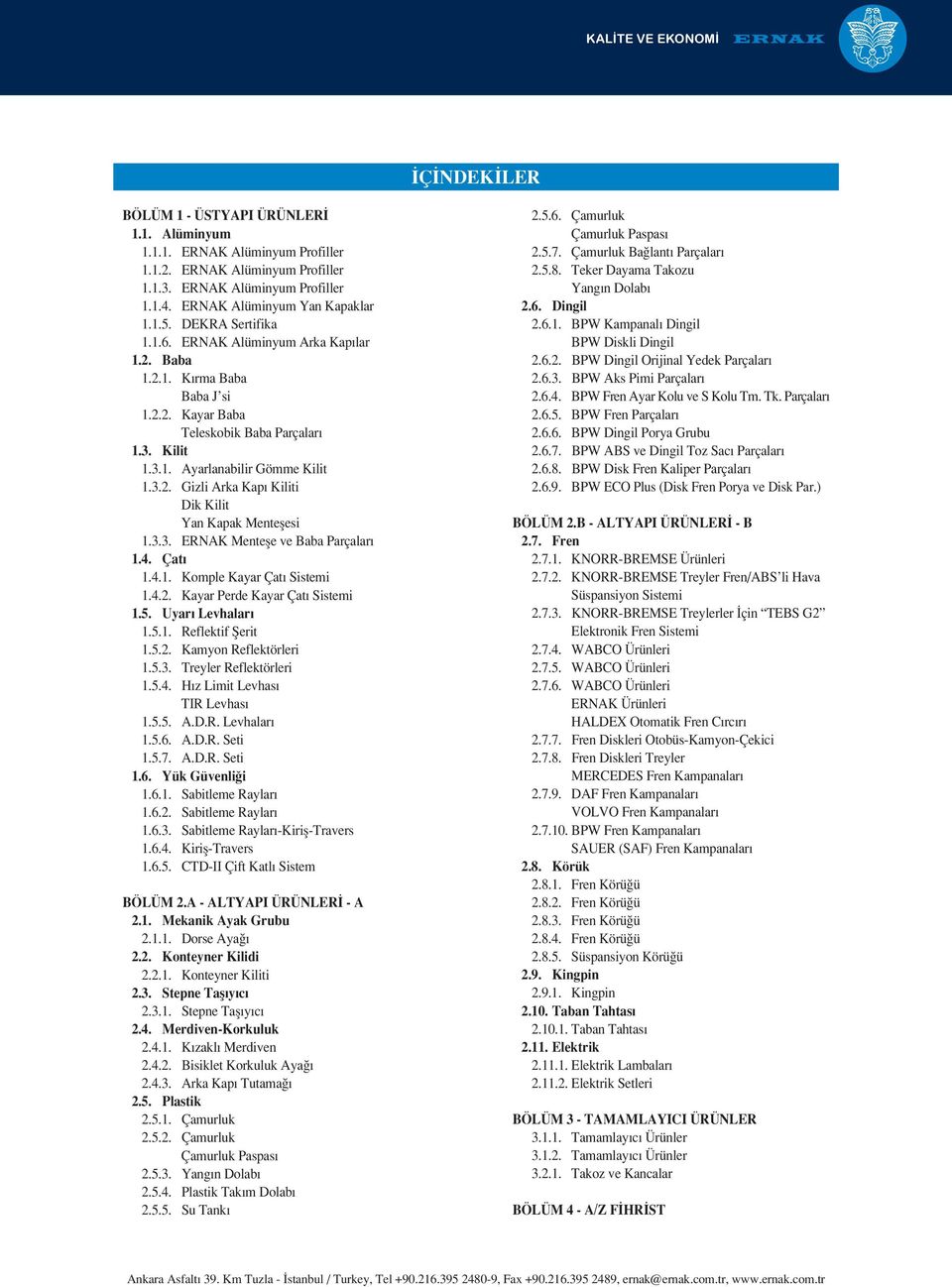 3.3. Mentefle ve Baba Parçalar 1.4. Çat 1.4.1. Komple Kayar Çat Sistemi 1.4.2. Kayar Perde Kayar Çat Sistemi 1.5. Uyar Levhalar 1.5.1. Reflektif fierit 1.5.2. Kamyon Reflektörleri 1.5.3. Treyler Reflektörleri 1.