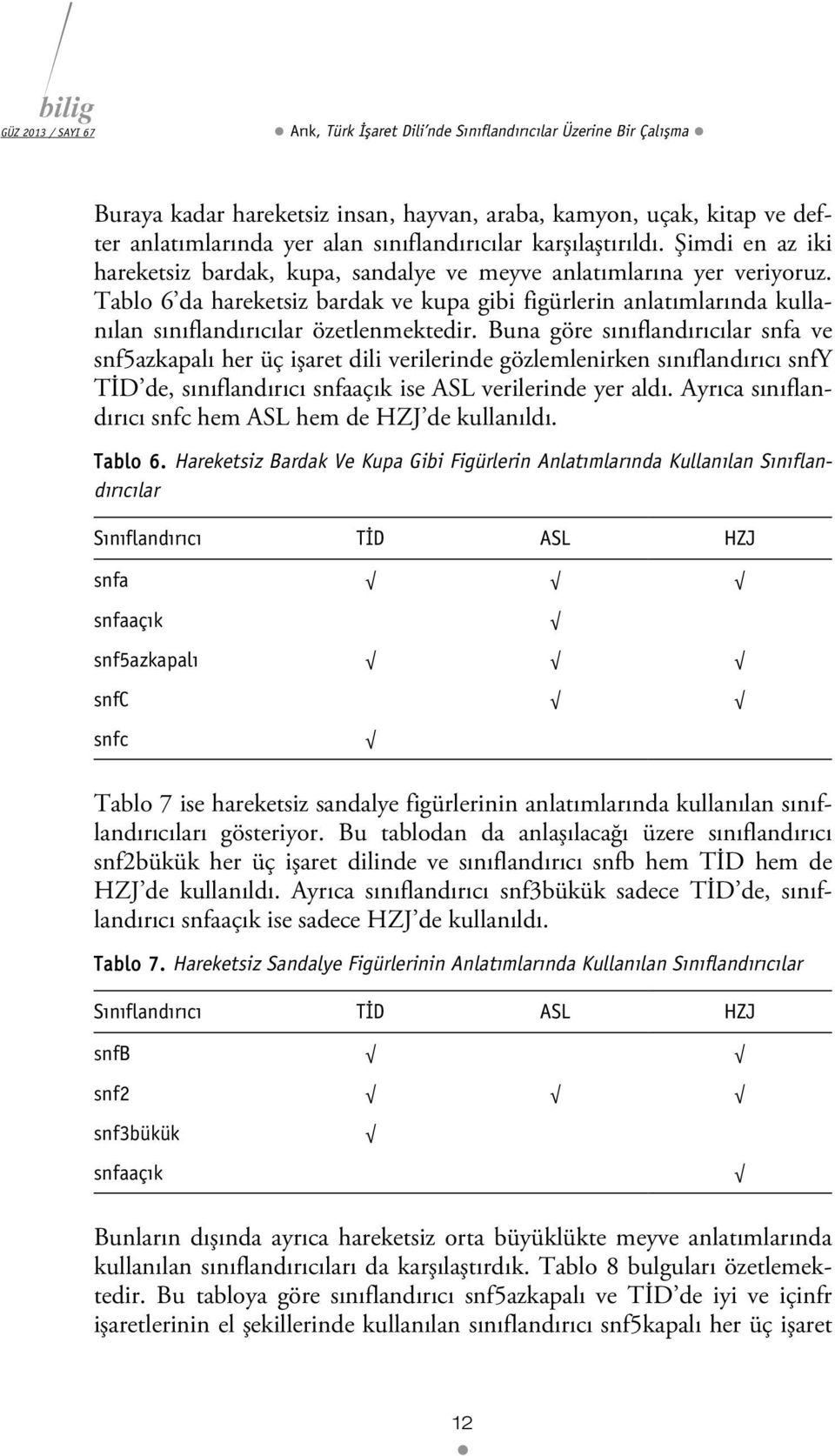 Tablo 6 da hareketsiz bardak ve kupa gibi figürlerin anlatımlarında kullanılan sınıflandırıcılar özetlenmektedir.