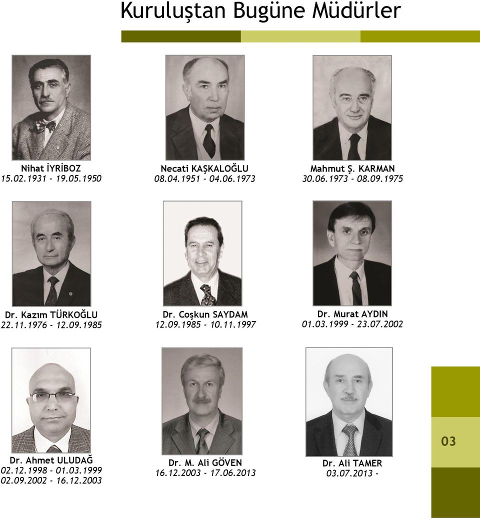 Coşkun SAYDAM 12.09.1985-10.11.1997 Dr. Murat AYDIN 01.03.1999-23.07.2002 Dr. Ahmet ULUDAĞ 02.12.1998-01.