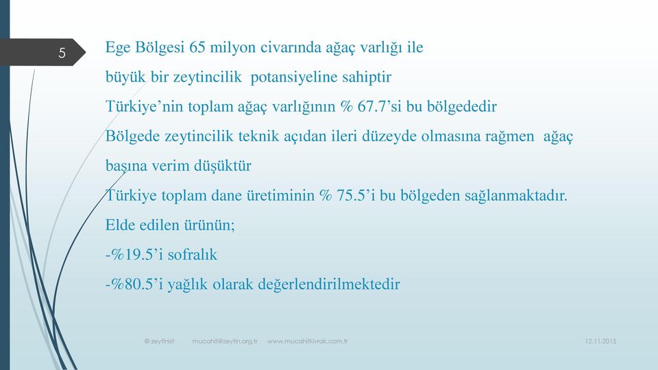 7 si bu bölgededir Bölgede zeytincilik teknik açıdan ileri düzeyde olmasına rağmen ağaç başına