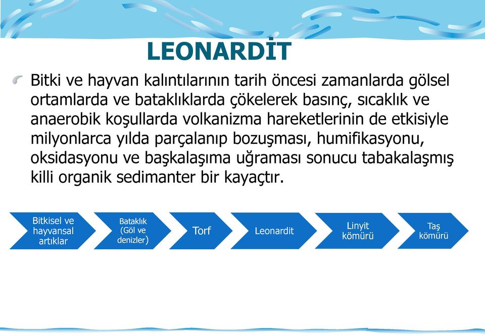 bozuşması, humifikasyonu, oksidasyonu ve başkalaşıma uğraması sonucu tabakalaşmış killi organik sedimanter