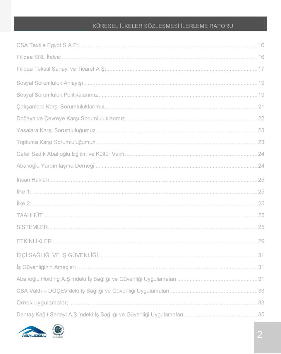 .. 23 Cafer Sadık Abalıoğlu Eğitim ve Kültür Vakfı... 24 Abalıoğlu Yardımlaşma Derneği... 24 İnsan Hakları... 25 İlke 1:... 25 İlke 2:... 25 TAAHHÜT... 25 SİSTEMLER... 25 ETKİNLİKLER.