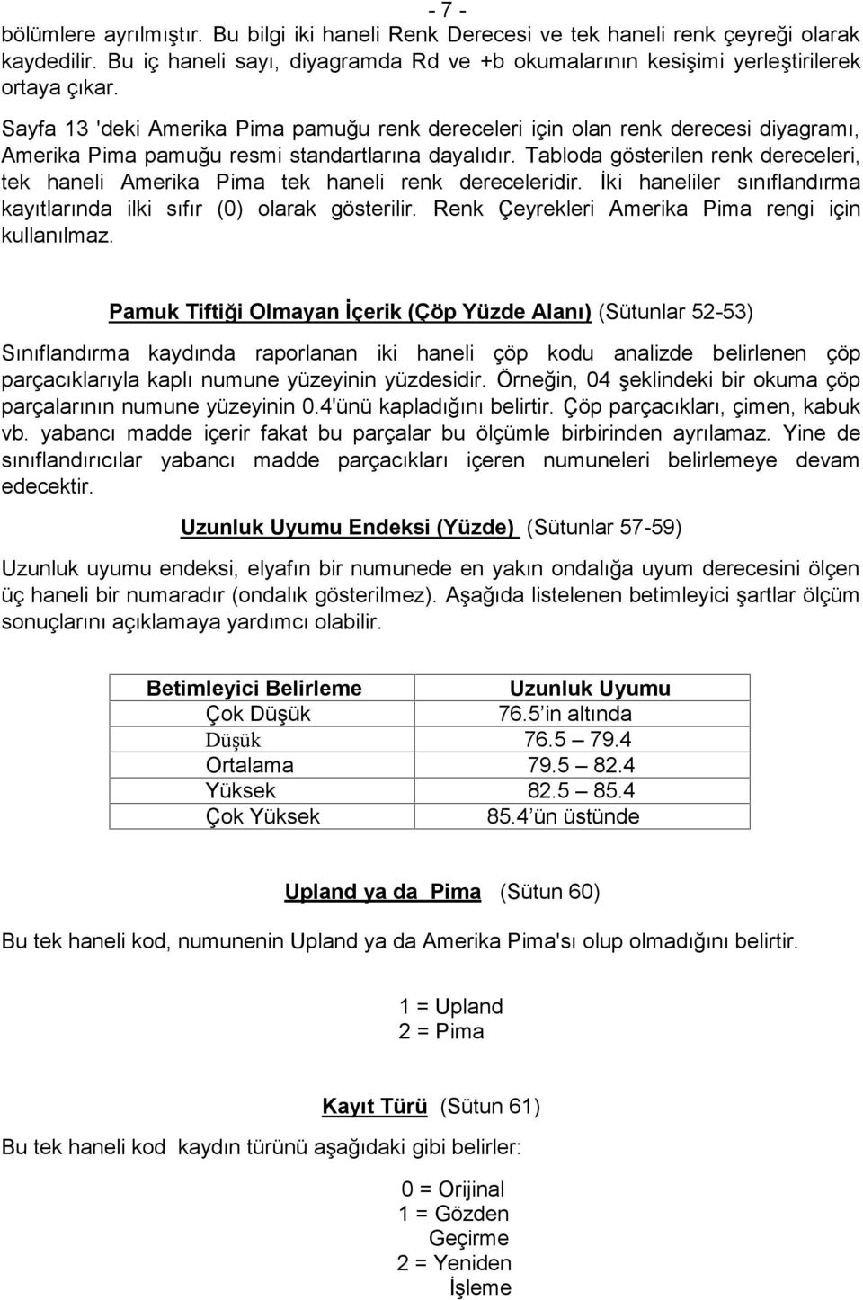 Tabloda gösterilen renk dereceleri, tek haneli Amerika Pima tek haneli renk dereceleridir. İki haneliler sınıflandırma kayıtlarında ilki sıfır (0) olarak gösterilir.