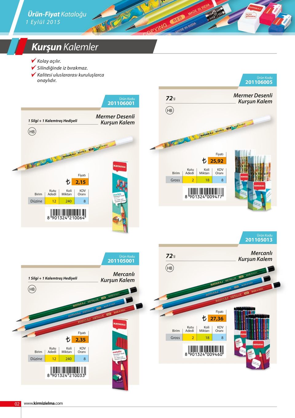 Kurşun Kalem HB HB 25,92 2,15 Gross 2 18 8 Düzine 12 240 8 201105013 201105001 72 li Mercanlı Kurşun