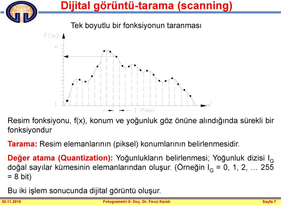 Değer atama (Quantization): Yoğunlukların belirlenmesi; Yoğunluk dizisi I G doğal sayılar kümesinin elemanlarından oluşur.