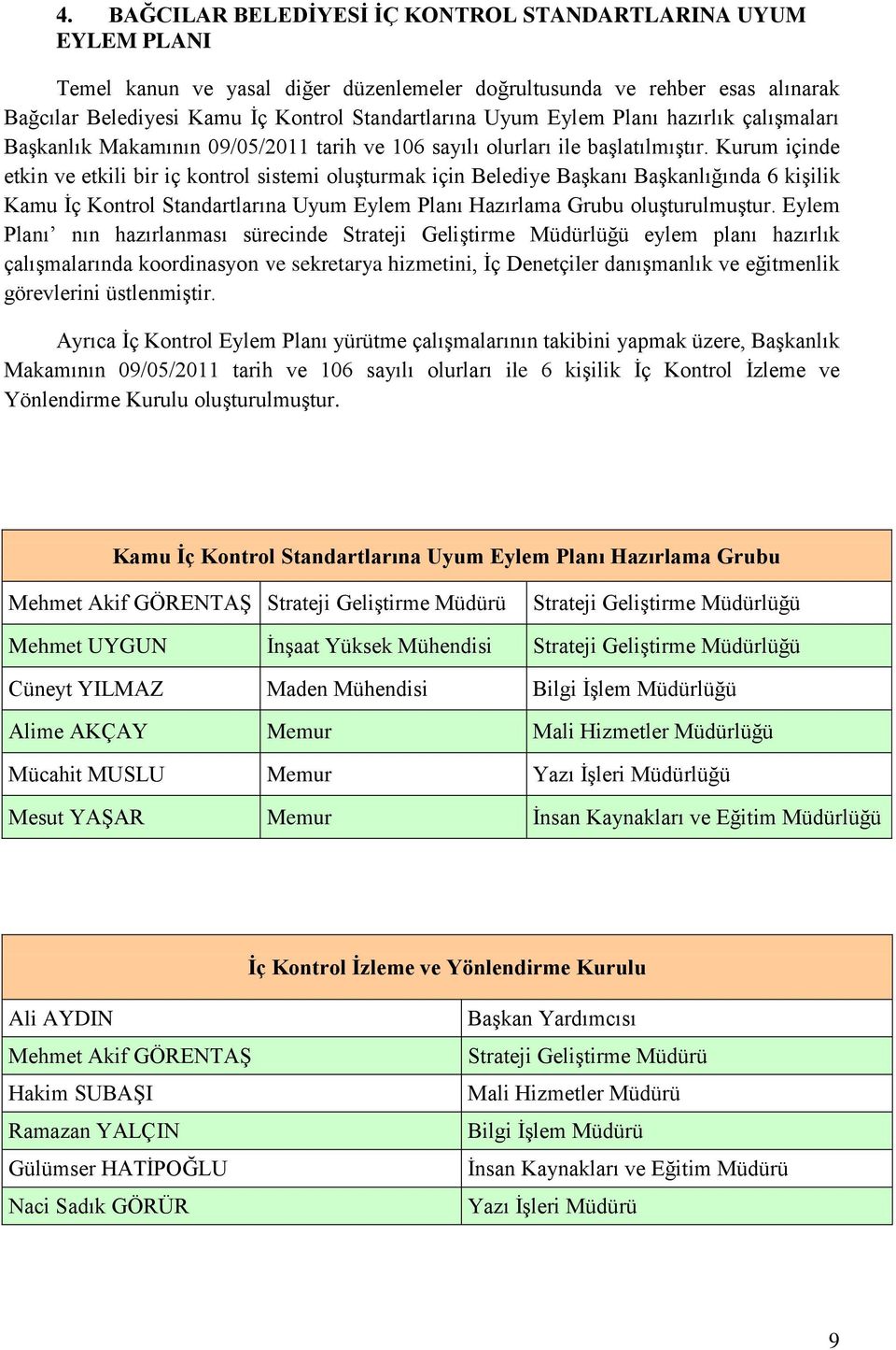 Kurum içinde etkin ve etkili bir iç kontrol sistemi oluģturmak için Belediye BaĢkanı BaĢkanlığında 6 kiģilik Kamu Ġç Kontrol Standartlarına Uyum Eylem Planı Hazırlama Grubu oluģturulmuģtur.