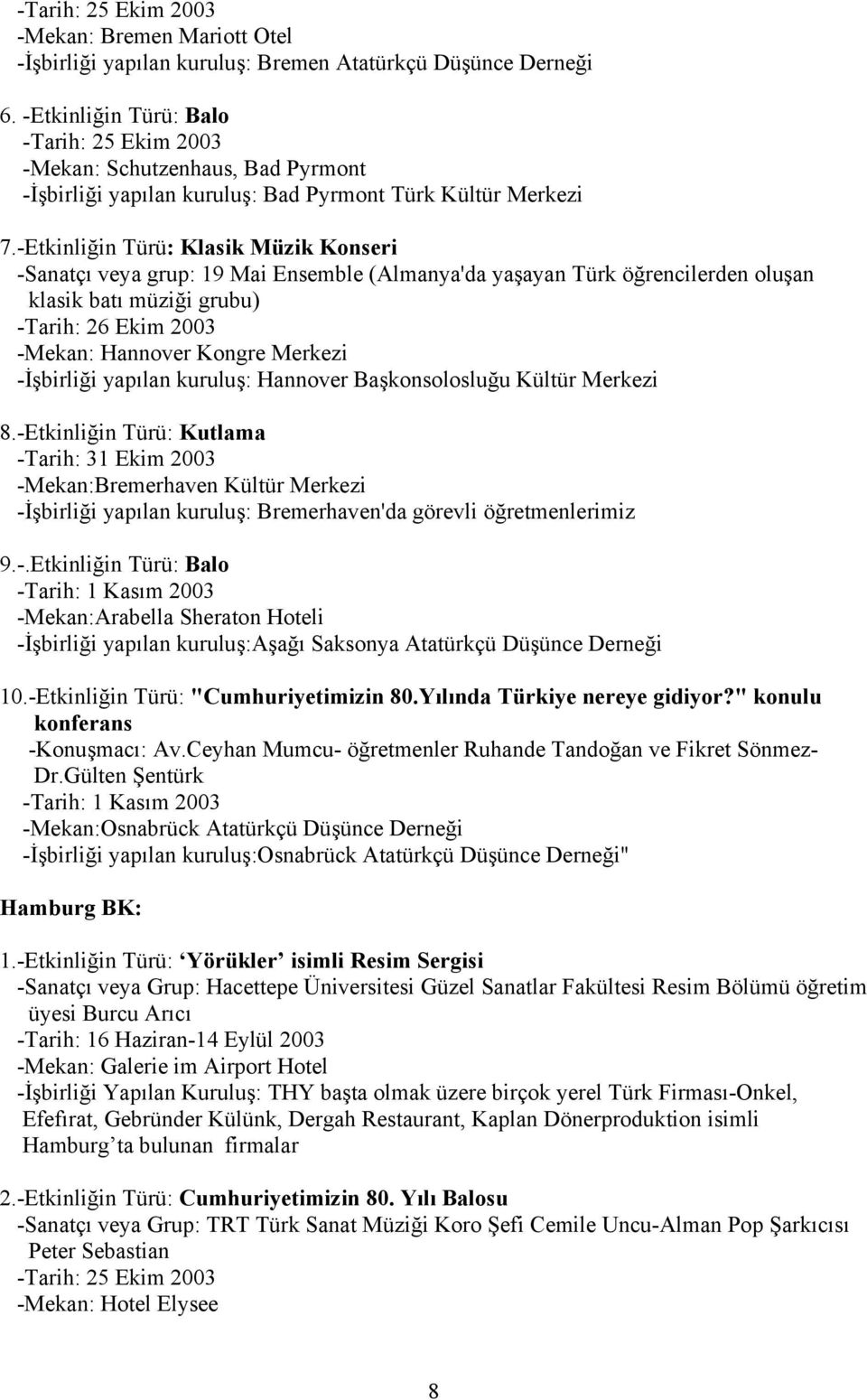 -Etkinliğin Türü: Klasik Müzik Konseri -Sanatçı veya grup: 19 Mai Ensemble (Almanya'da yaşayan Türk öğrencilerden oluşan klasik batı müziği grubu) -Tarih: 26 Ekim 2003 -Mekan: Hannover Kongre Merkezi