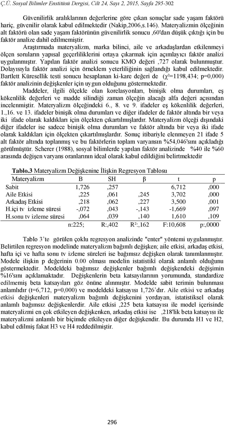 Araştırmada materyalizm, marka bilinci, aile ve arkadaşlardan etkilenmeyi ölçen soruların yapısal geçerliliklerini ortaya çıkarmak için açımlayıcı faktör analizi uygulanmıştır.