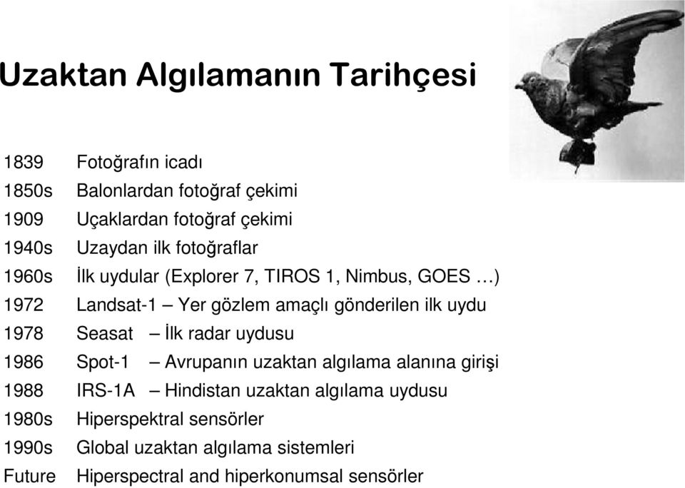 ilk uydu 1978 Seasat İlk radar uydusu 1986 Spot-1 Avrupanın uzaktan algılama alanına girişi 1988 IRS-1A Hindistan uzaktan