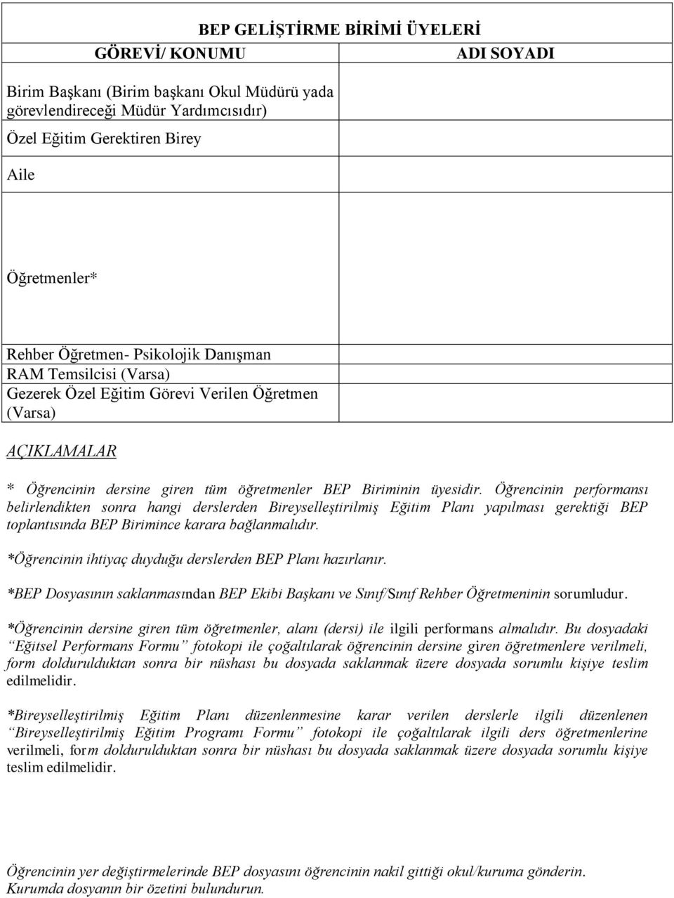 Öğrencinin performansı belirlendikten sonra hangi derslerden Bireyselleştirilmiş Eğitim Planı yapılması gerektiği BEP toplantısında BEP Birimince karara bağlanmalıdır.