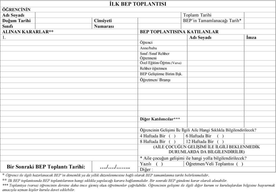 Öğretmen/ BranĢı Diğer Katılımcılar*** Öğrencinin GeliĢimi Ġle Ġlgili Aile Hangi Sıklıkla Bilgilendirilecek?