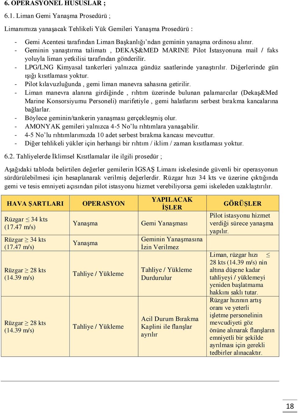 - Geminin yanaştırma talimatı, DEKAŞ&MED MARINE Pilot İstasyonuna mail / faks yoluyla liman yetkilisi tarafından gönderilir. - LPG/LNG Kimyasal tankerleri yalnızca gündüz saatlerinde yanaştırılır.