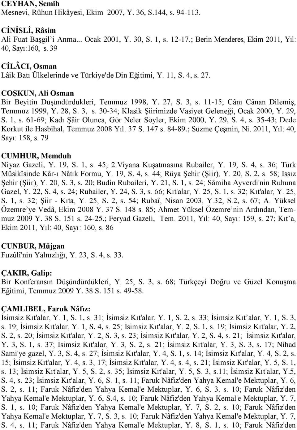 11-15; Cânı Cânan Dilemiş, Temmuz 1999, Y. 28, S. 3, s. 30-34; Klasik Şiirimizde Vasiyet Geleneği, Ocak 2000, Y. 29, S. 1, s. 61-69; Kadı Şâir Olunca, Gör Neler Söyler, Ekim 2000, Y. 29, S. 4, s.