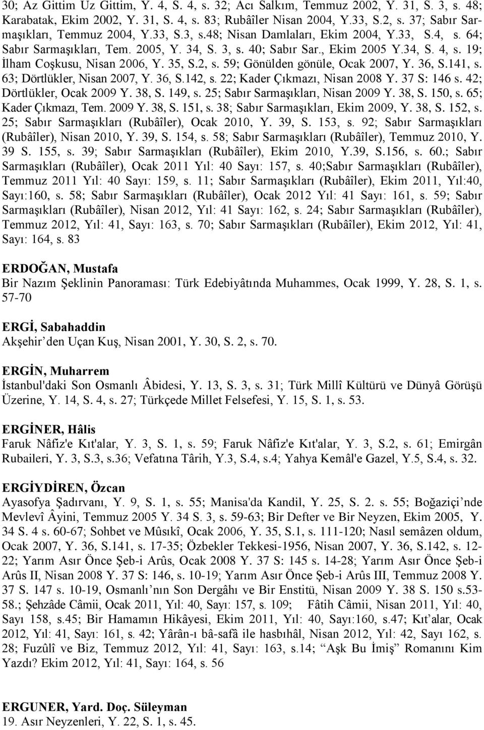 19; İlham Coşkusu, Nisan 2006, Y. 35, S.2, s. 59; Gönülden gönüle, Ocak 2007, Y. 36, S.141, s. 63; Dörtlükler, Nisan 2007, Y. 36, S.142, s. 22; Kader Çıkmazı, Nisan 2008 Y. 37 S: 146 s.