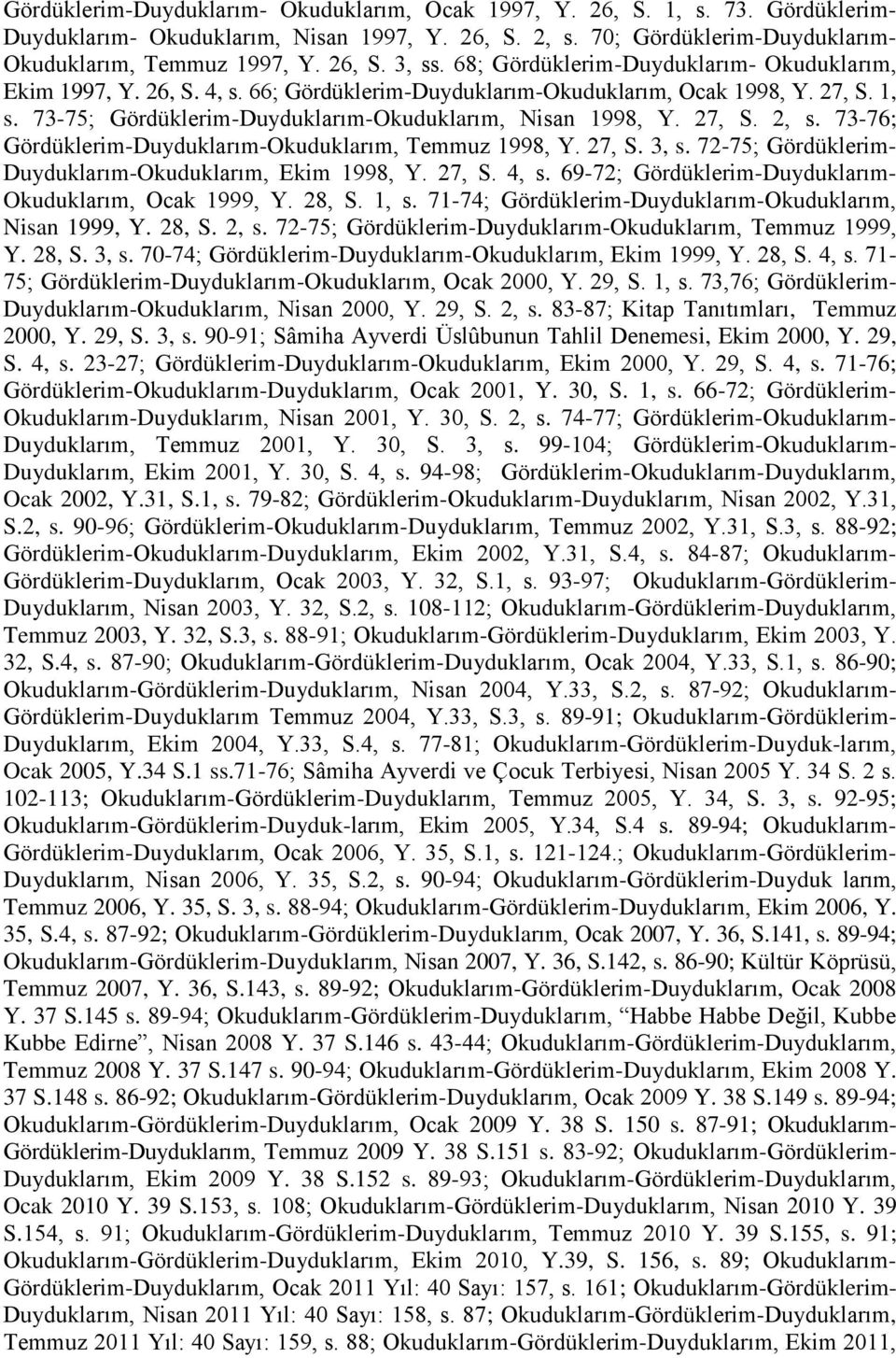 27, S. 2, s. 73-76; Gördüklerim-Duyduklarım-Okuduklarım, Temmuz 1998, Y. 27, S. 3, s. 72-75; Gördüklerim- Duyduklarım-Okuduklarım, Ekim 1998, Y. 27, S. 4, s.