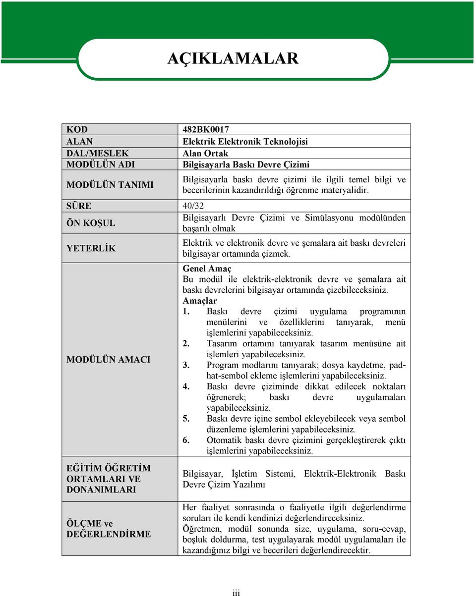 SÜRE 40/32 ÖN KOŞUL Bilgisayarlı Devre Çizimi ve Simülasyonu modülünden başarılı olmak YETERLİK MODÜLÜN AMACI EĞİTİM ÖĞRETİM ORTAMLARI VE DONANIMLARI ÖLÇME ve DEĞERLENDİRME AÇIKLAMALAR Elektrik ve