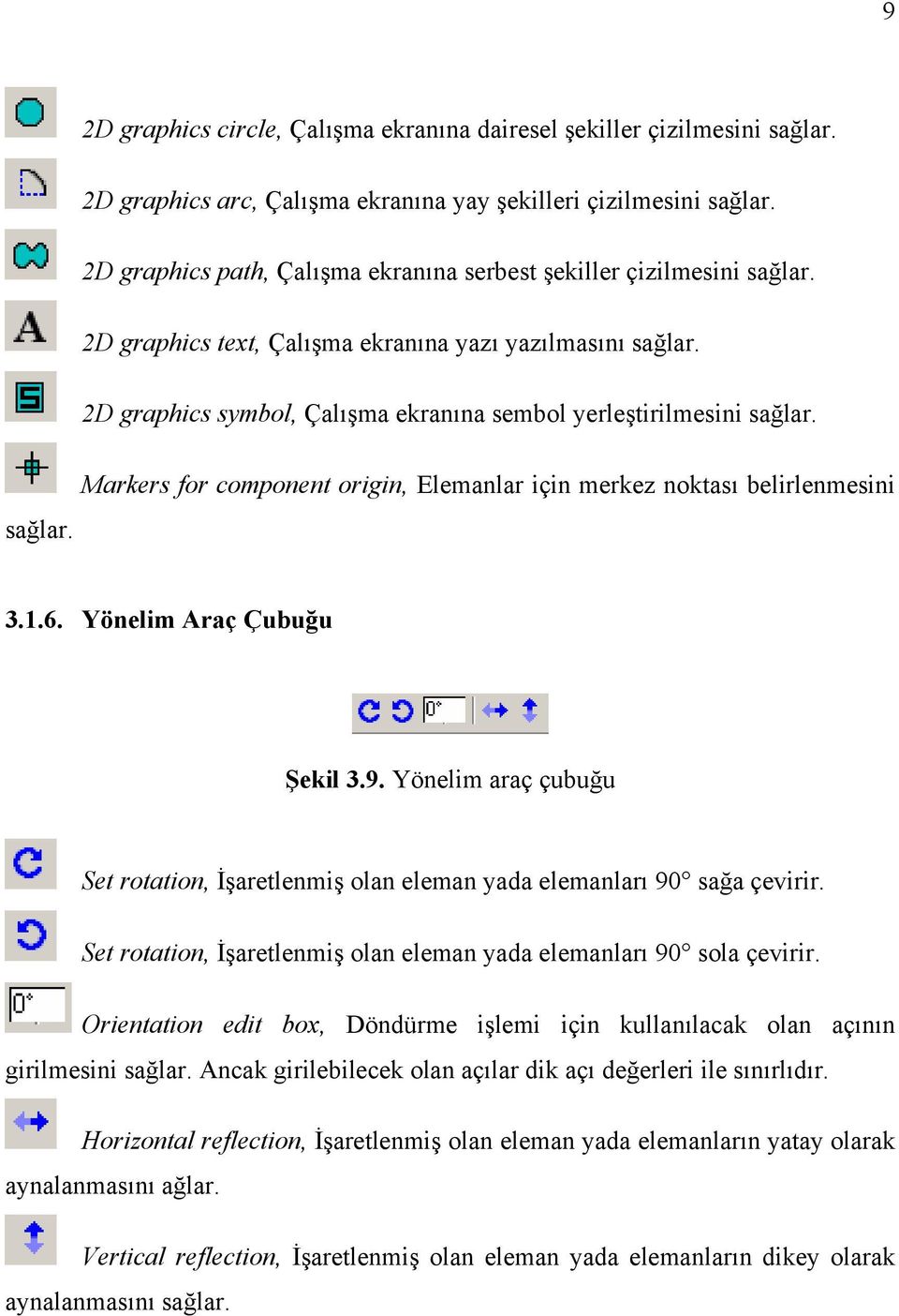 2D graphics symbol, Çalışma ekranına sembol yerleştirilmesini sağlar. Markers for component origin, Elemanlar için merkez noktası belirlenmesini sağlar. 3.1.6. Yönelim Araç Çubuğu Şekil 3.9.