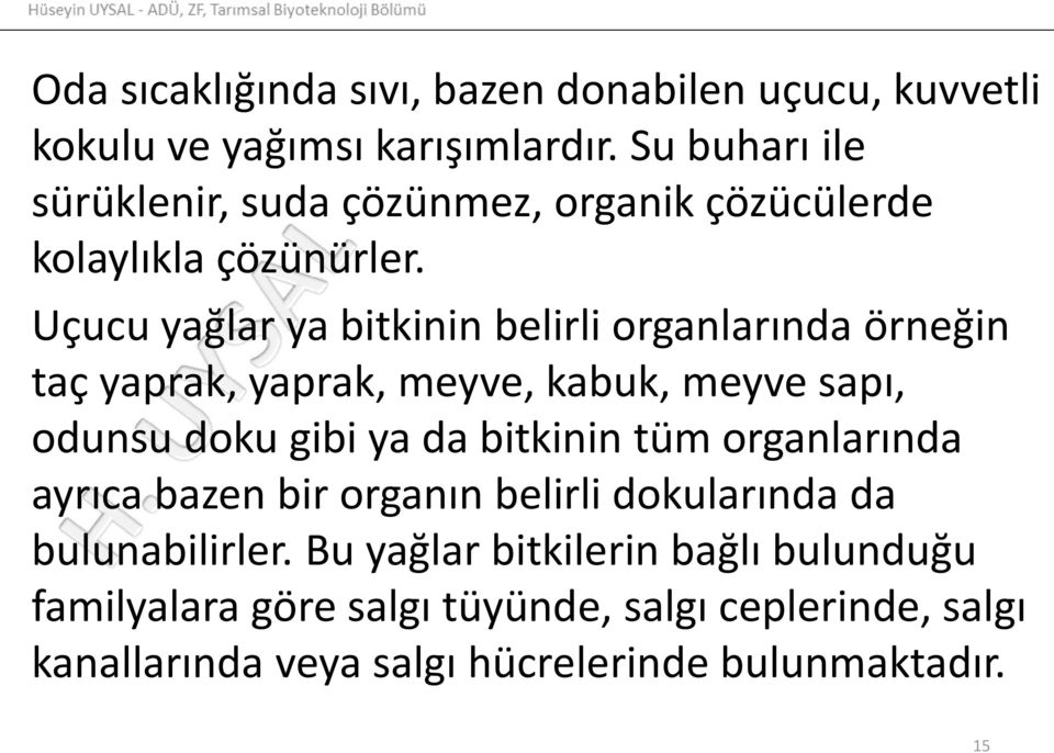 Uçucu yağlar ya bitkinin belirli organlarında örneğin taç yaprak, yaprak, meyve, kabuk, meyve sapı, odunsu doku gibi ya da bitkinin