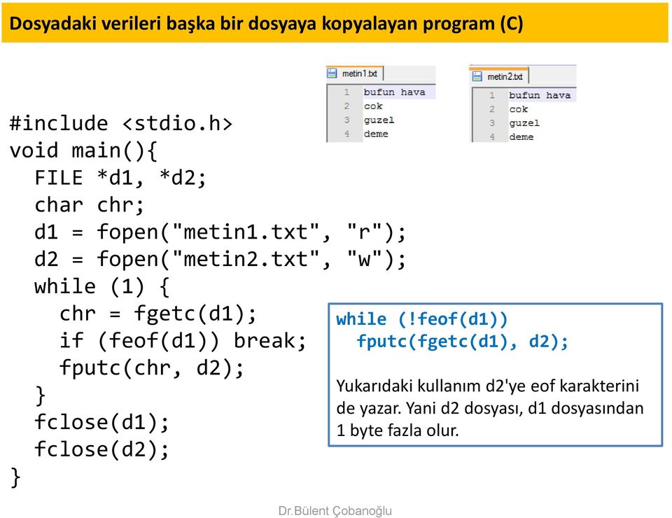 txt", "w"); while (1) chr = fgetc(d1); if (feof(d1)) break; fputc(chr, d2); fclose(d1); fclose(d2);