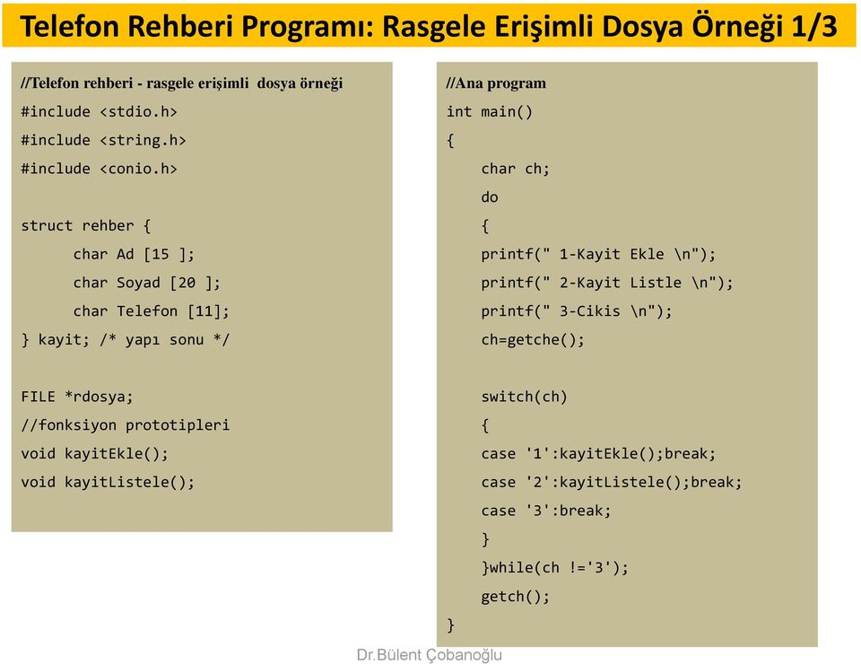 h> struct rehber char Ad [15 ]; char Soyad [20 ]; char Telefon [11]; kayit; /* yapı sonu */ //Ana program int main() char ch; do printf("