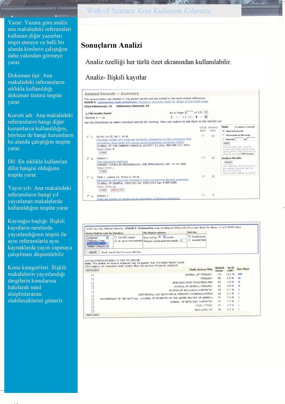 Web of Science Kısa Kullanım Kılavuzu Sonuçların Analizi Analiz özelliği her türlü özet ekranından kullanılabilir.