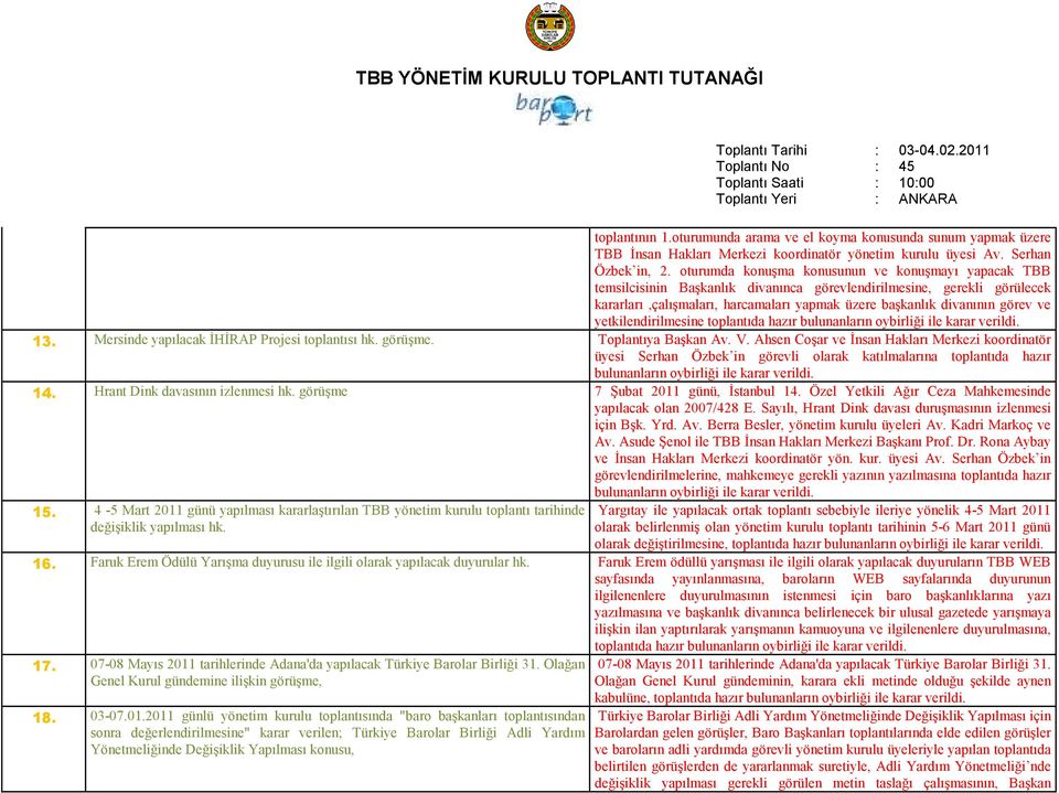 ve yetkilendirilmesine toplantıda hazır 13. Mersinde yapılacak ĐHĐRAP Projesi toplantısı hk. görüşme. Toplantıya Başkan Av. V.