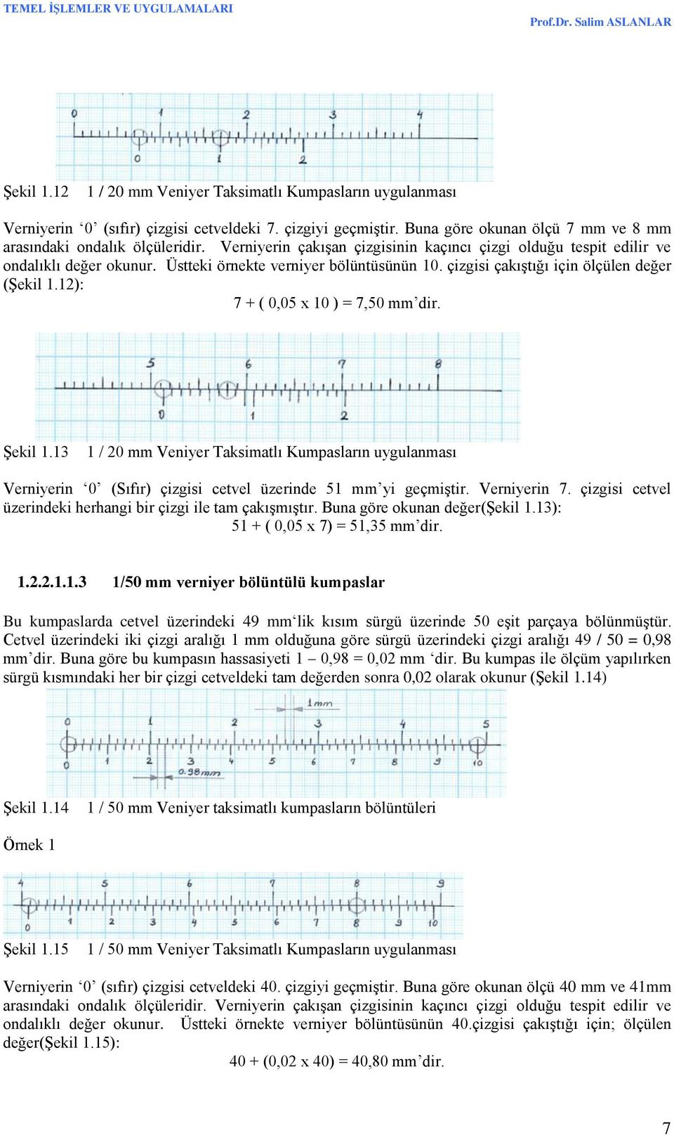 12): 7 + ( 0,05 x 10 ) = 7,50 mm dir. Şekil 1.13 1 / 20 mm Veniyer Taksimatlı Kumpasların uygulanması Verniyerin 0 (Sıfır) çizgisi cetvel üzerinde 51 mm yi geçmiştir. Verniyerin 7.