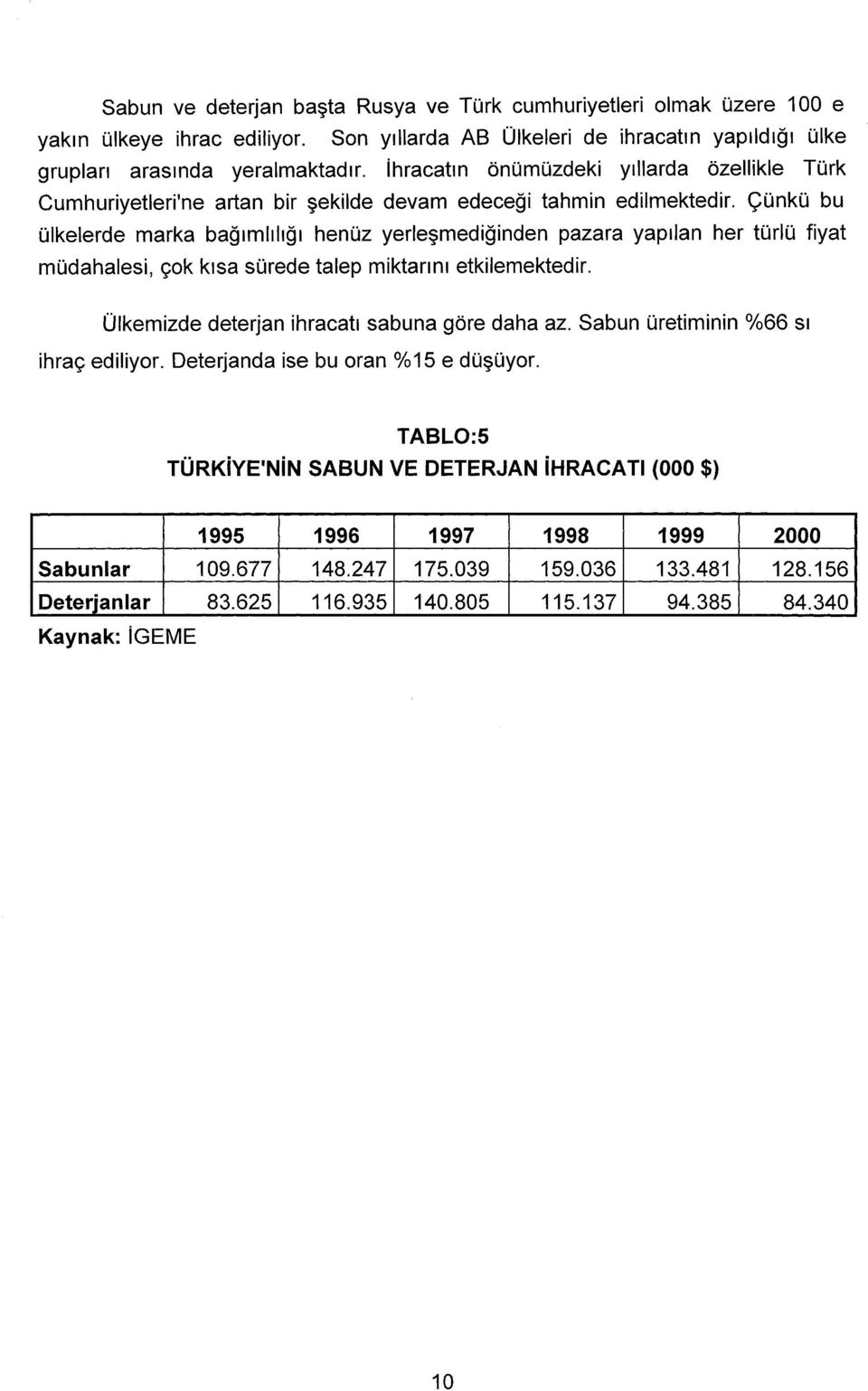 Çünkü bu ülkelerde marka bağımlılığı henüz yerleşmediğinden pazara yapılan her türlü fiyat müdahalesi, çok kısa sürede talep miktarını etkilemektedir. Ülkemizde deterjan ihracatı sabuna göre daha az.