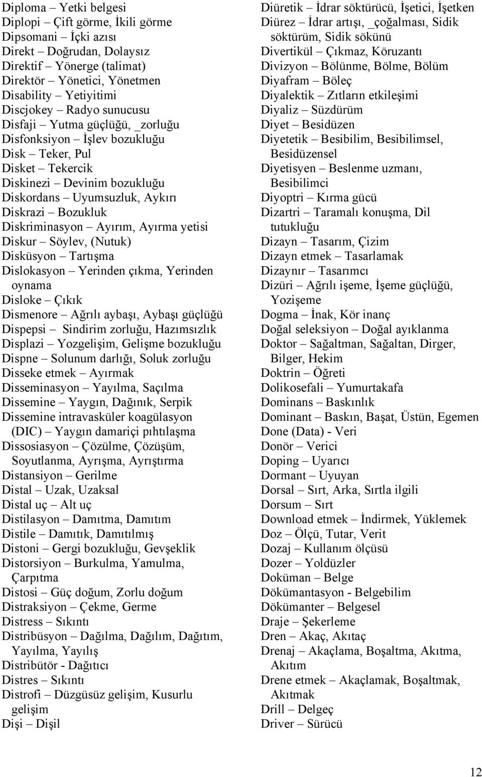 Ayırım, Ayırma yetisi Diskur Söylev, (Nutuk) Disküsyon Tartışma Dislokasyon Yerinden çıkma, Yerinden oynama Disloke Çıkık Dismenore Ağrılı aybaşı, Aybaşı güçlüğü Dispepsi Sindirim zorluğu,