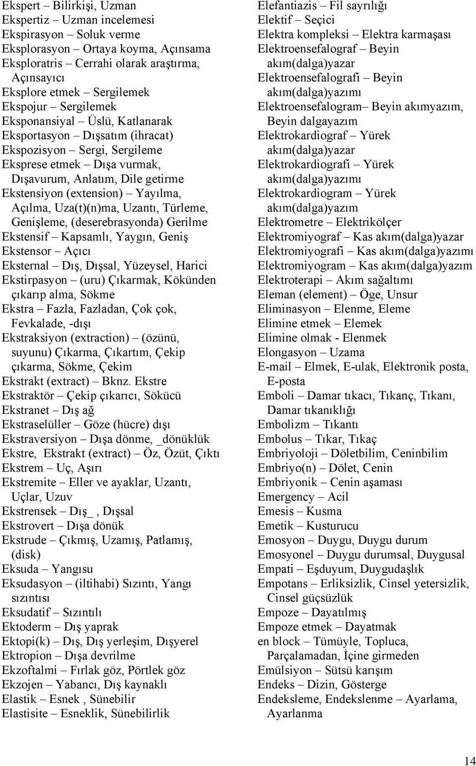 Açılma, Uza(t)(n)ma, Uzantı, Türleme, Genişleme, (deserebrasyonda) Gerilme Ekstensif Kapsamlı, Yaygın, Geniş Ekstensor Açıcı Eksternal Dış, Dışsal, Yüzeysel, Harici Ekstirpasyon (uru) Çıkarmak,