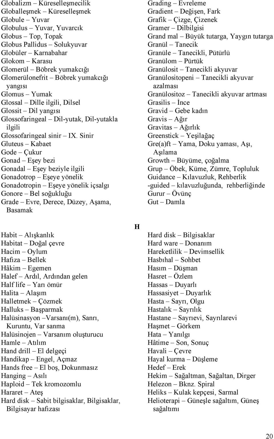 Sinir Gluteus Kabaet Gode Çukur Gonad Eşey bezi Gonadal Eşey beziyle ilgili Gonadotrop Eşeye yönelik Gonadotropin Eşeye yönelik içsalgı Gonore Bel soğukluğu Grade Evre, Derece, Düzey, Aşama, Basamak