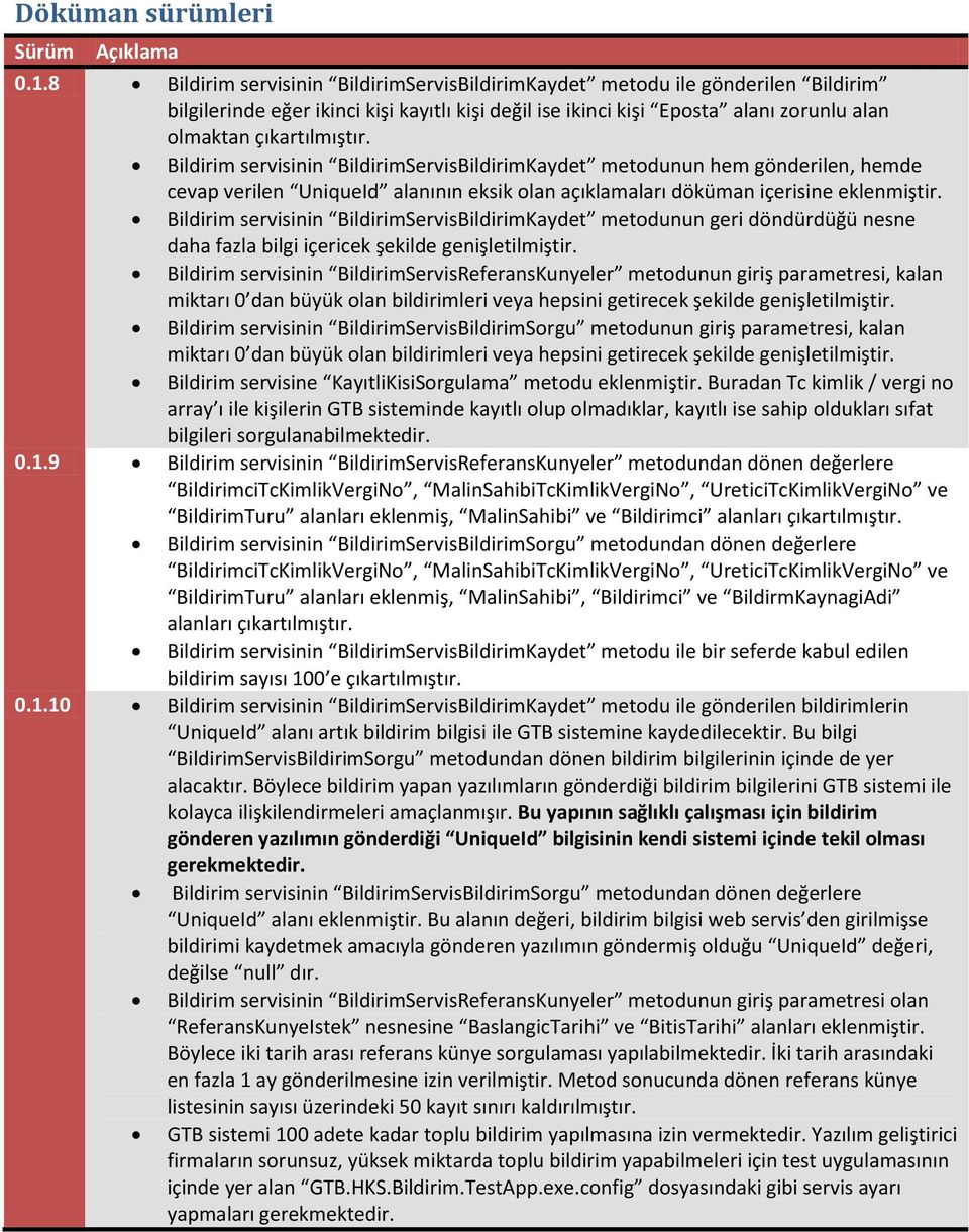 Bildirim servisinin BildirimServisBildirimKaydet metodunun hem gönderilen, hemde cevap verilen UniqueId alanının eksik olan açıklamaları döküman içerisine eklenmiştir.