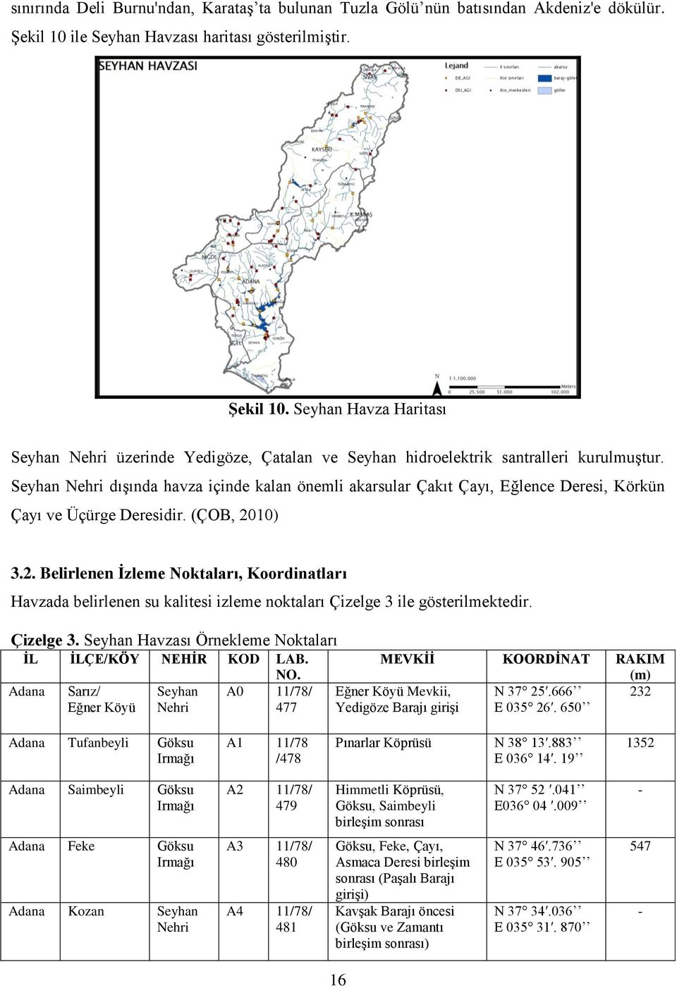 Seyhan Nehri dıģında havza içinde kalan önemli akarsular Çakıt Çayı, Eğlence Deresi, Körkün Çayı ve Üçürge Deresidir. (ÇOB, 20