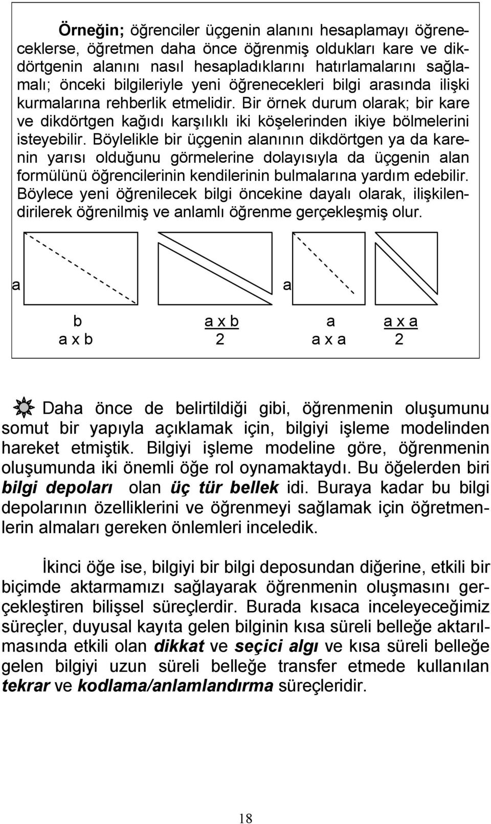 Böylelikle bir üçgenin alanının dikdörtgen ya da karenin yarısı olduğunu görmelerine dolayısıyla da üçgenin alan formülünü öğrencilerinin kendilerinin bulmalarına yardım edebilir.