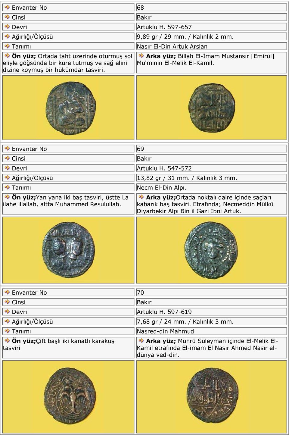 547-572 Ön yüz;yan yana iki baş tasviri, üstte La ilahe illallah, altta Muhammed Resulullah. 13,82 gr / 31 mm. / Kalınlık 3 mm. Necm El-Din Alpı.