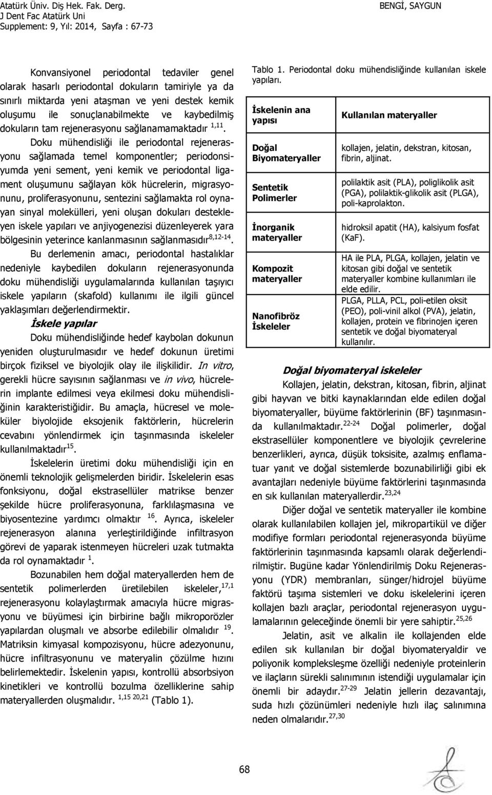 Doku mühendisliği ile periodontal rejenerasyonu sağlamada temel komponentler; periodonsiyumda yeni sement, yeni kemik ve periodontal ligament oluşumunu sağlayan kök hücrelerin, migrasyonunu,