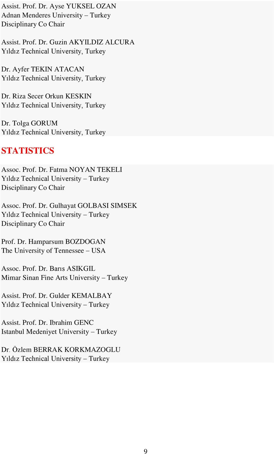 Prof. Dr. Gulhayat GOLBASI SIMSEK Yıldız Technical University Turkey Disciplinary Co Chair Prof. Dr. Hamparsum BOZDOGAN The University of Tennessee USA Assoc. Prof. Dr. Barıs ASIKGIL Mimar Sinan Fine Arts University Turkey Assist.