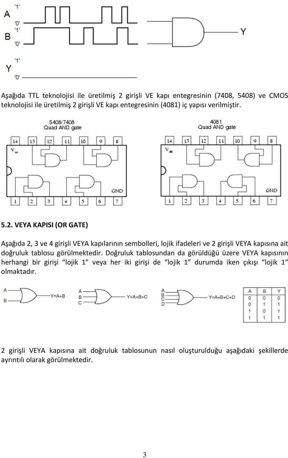VEY KPISI (OR GTE) şağıda 2, 3 ve 4 girişli VEY kapılarının sembolleri, lojik ifadeleri ve 2 girişli VEY kapısına ait doğruluk tablosu görülmektedir.