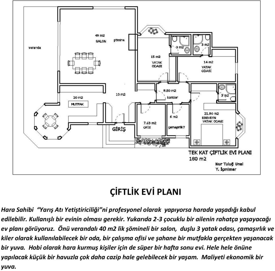 Önü verandalı 40 m2 lik şömineli bir salon, duşlu 3 yatak odası, çamaşırlık ve kiler olarak kullanılabilecek bir oda, bir çalışma ofisi ve şahane bir