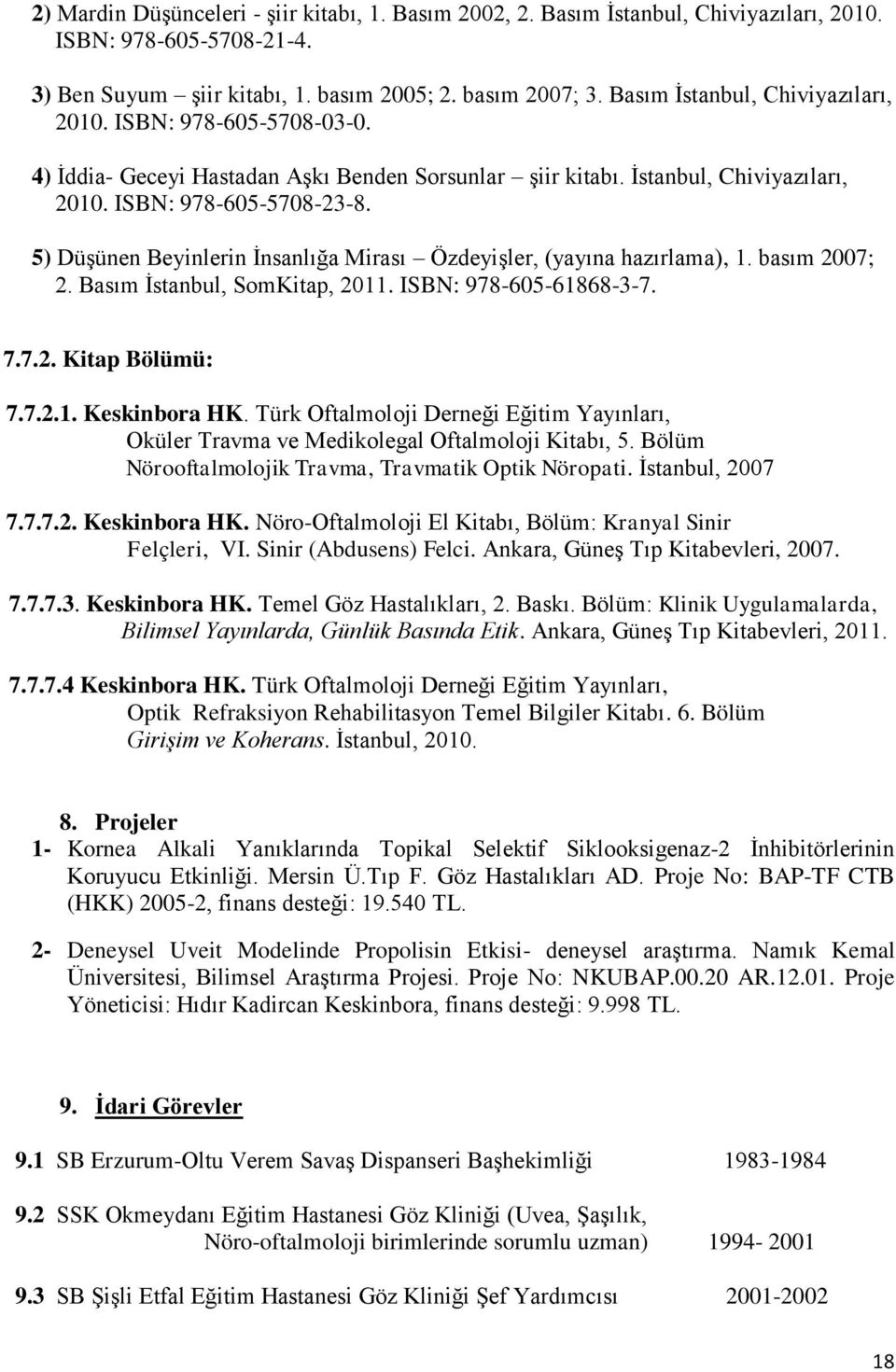 5) Düşünen Beyinlerin İnsanlığa Mirası Özdeyişler, (yayına hazırlama), 1. basım 2007; 2. Basım İstanbul, SomKitap, 2011. ISBN: 978-605-61868-3-7. 7.7.2. Kitap Bölümü: 7.7.2.1. Keskinbora HK.